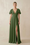 V-Neck Ruffled Short Sleeves A-Line Bridesmaid Dress in Moss | KISSBRIDAL