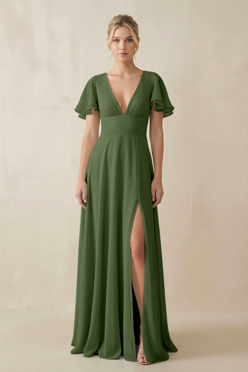 V-Neck Ruffled Short Sleeves A-Line Bridesmaid Dress in Moss | KISSBRIDAL
