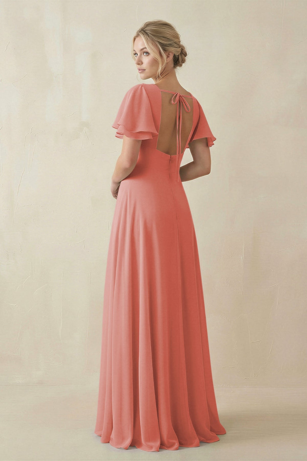 V - Neck Ruffled Short Sleeves A - Line Bridesmaid Dress in Mulberry - KISS BRIDAL Bridesmaid Dresses