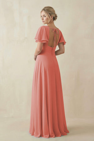 V - Neck Ruffled Short Sleeves A - Line Bridesmaid Dress in Mulberry - KISS BRIDAL Bridesmaid Dresses