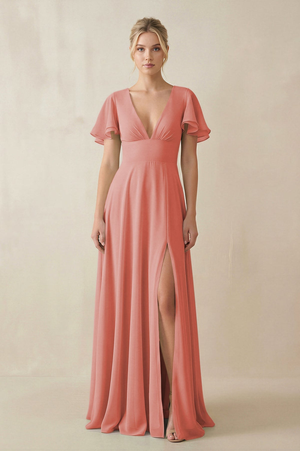 V - Neck Ruffled Short Sleeves A - Line Bridesmaid Dress in Mulberry - KISS BRIDAL Bridesmaid Dresses