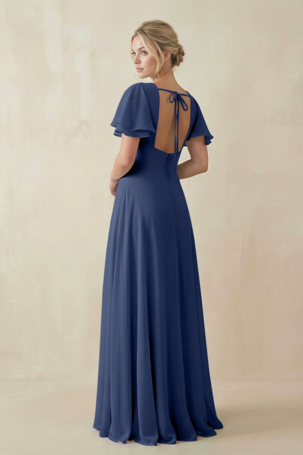 V - Neck Ruffled Short Sleeves A - Line Bridesmaid Dress in Navy - KISS BRIDAL Bridesmaid Dresses