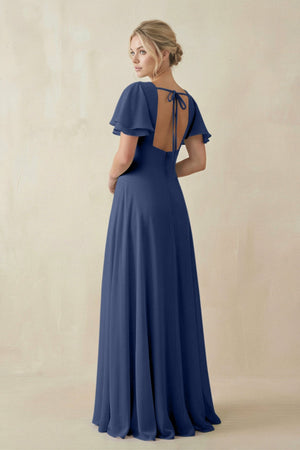 V - Neck Ruffled Short Sleeves A - Line Bridesmaid Dress in Navy - KISS BRIDAL Bridesmaid Dresses