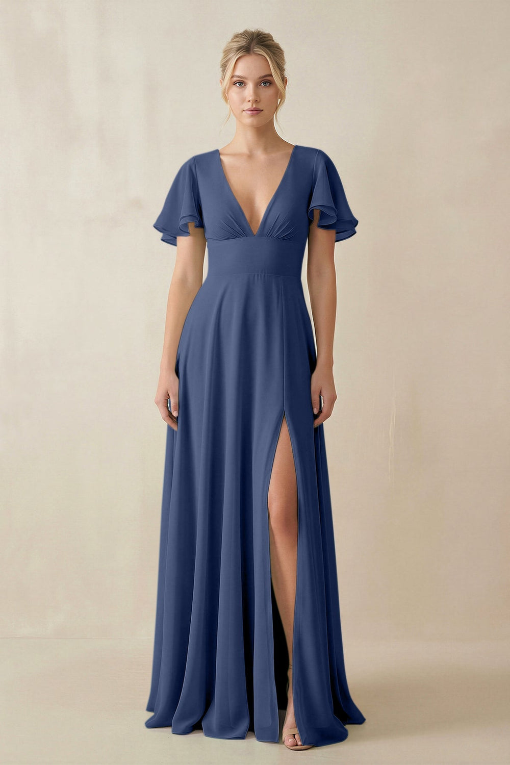 V - Neck Ruffled Short Sleeves A - Line Bridesmaid Dress in Navy - KISS BRIDAL Bridesmaid Dresses