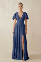 V - Neck Ruffled Short Sleeves A - Line Bridesmaid Dress in Navy - KISS BRIDAL Bridesmaid Dresses
