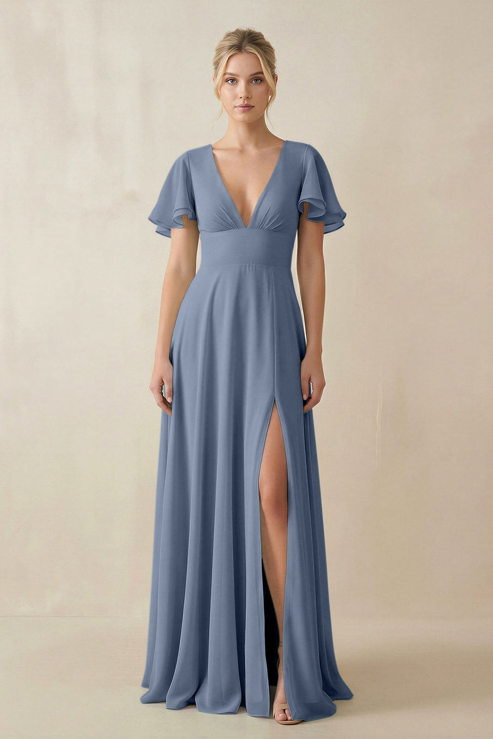 V - Neck Ruffled Short Sleeves A - Line Bridesmaid Dress in Neptune - KISS BRIDAL Bridesmaid Dresses