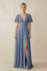 V - Neck Ruffled Short Sleeves A - Line Bridesmaid Dress in Neptune - KISS BRIDAL Bridesmaid Dresses
