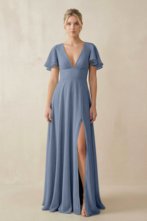 V - Neck Ruffled Short Sleeves A - Line Bridesmaid Dress in Neptune - KISS BRIDAL Bridesmaid Dresses