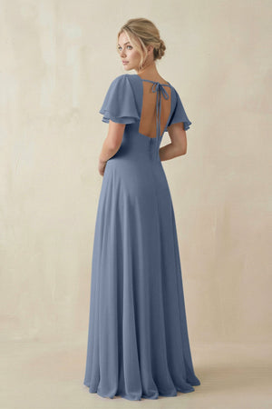 V - Neck Ruffled Short Sleeves A - Line Bridesmaid Dress in Neptune - KISS BRIDAL Bridesmaid Dresses