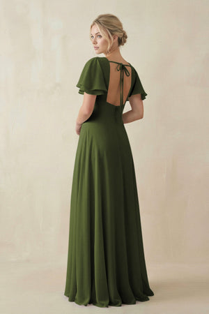 V - Neck Ruffled Short Sleeves A - Line Bridesmaid Dress in Olive - KISS BRIDAL Bridesmaid Dresses