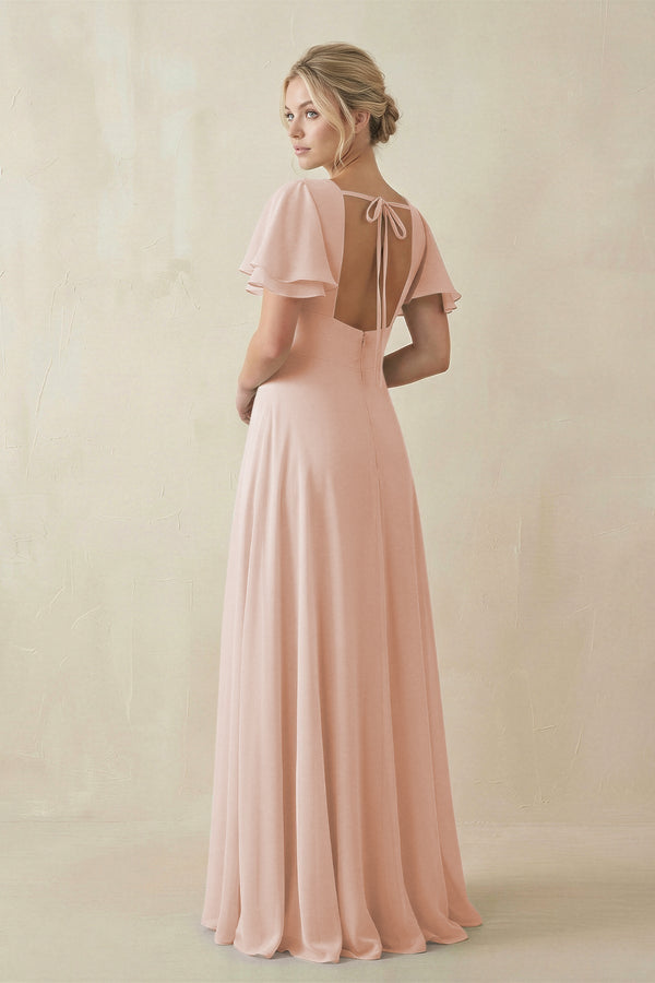 V - Neck Ruffled Short Sleeves A - Line Bridesmaid Dress in Pale Blush - KISS BRIDAL Bridesmaid Dresses