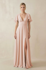 V - Neck Ruffled Short Sleeves A - Line Bridesmaid Dress in Pale Blush - KISS BRIDAL Bridesmaid Dresses