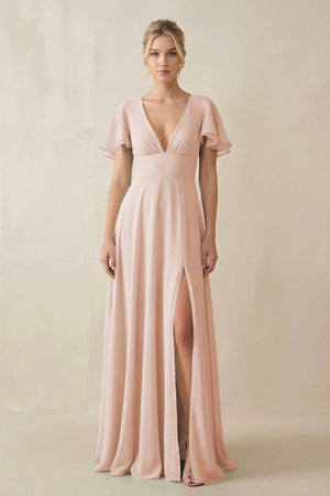 V - Neck Ruffled Short Sleeves A - Line Bridesmaid Dress in Pale Blush - KISS BRIDAL Bridesmaid Dresses