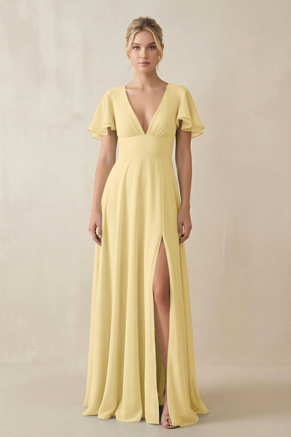 V - Neck Ruffled Short Sleeves A - Line Bridesmaid Dress in Pastel Yellow - KISS BRIDAL Bridesmaid Dresses