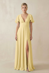 V - Neck Ruffled Short Sleeves A - Line Bridesmaid Dress in Pastel Yellow - KISS BRIDAL Bridesmaid Dresses