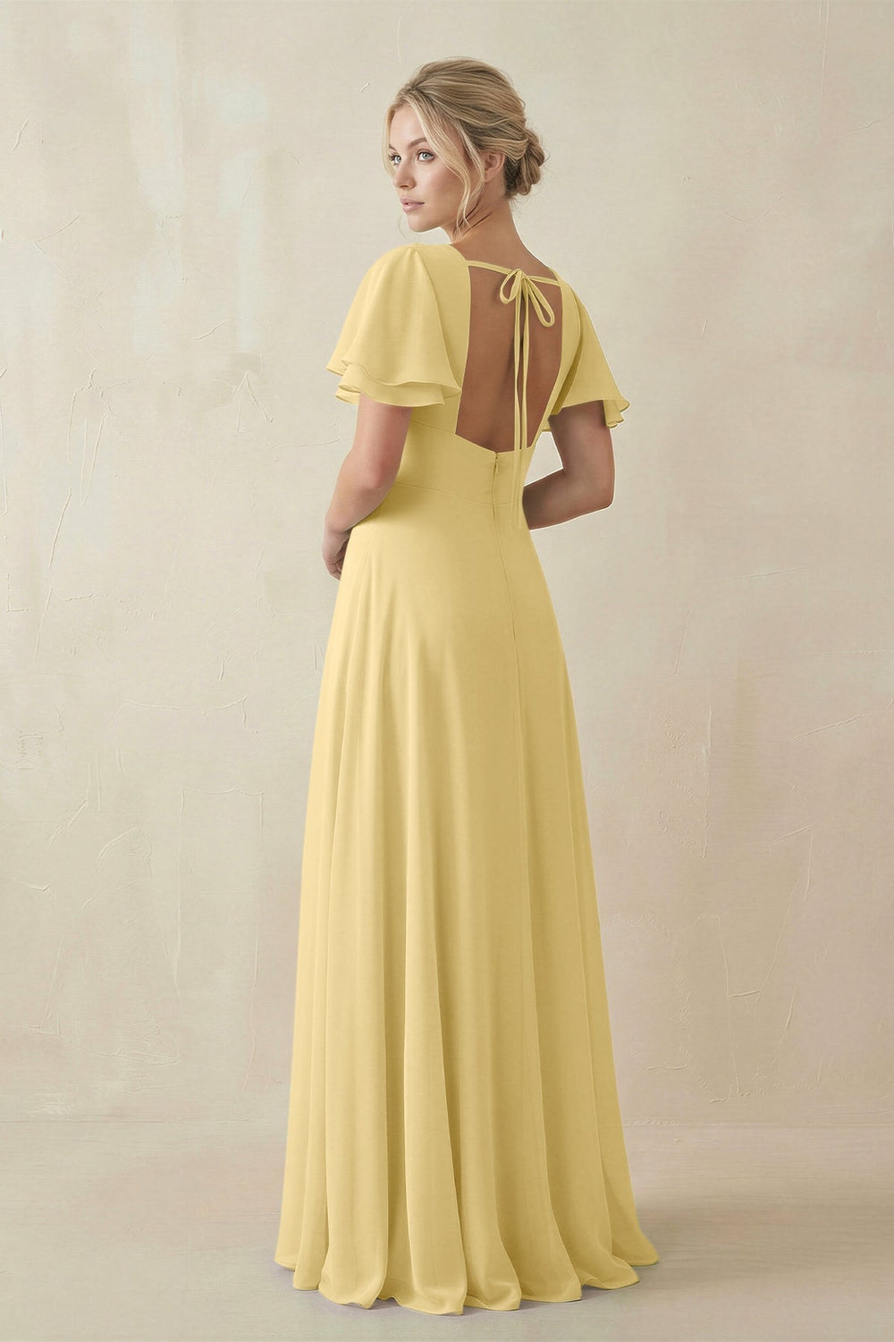 V - Neck Ruffled Short Sleeves A - Line Bridesmaid Dress in Pastel Yellow - KISS BRIDAL Bridesmaid Dresses
