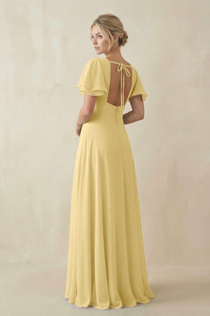 V - Neck Ruffled Short Sleeves A - Line Bridesmaid Dress in Pastel Yellow - SHE IS ME Bridesmaid Dresses