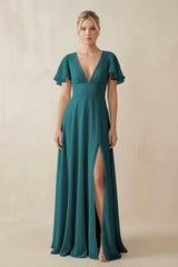 V - Neck Ruffled Short Sleeves A - Line Bridesmaid Dress in Pine - KISS BRIDAL Bridesmaid Dresses