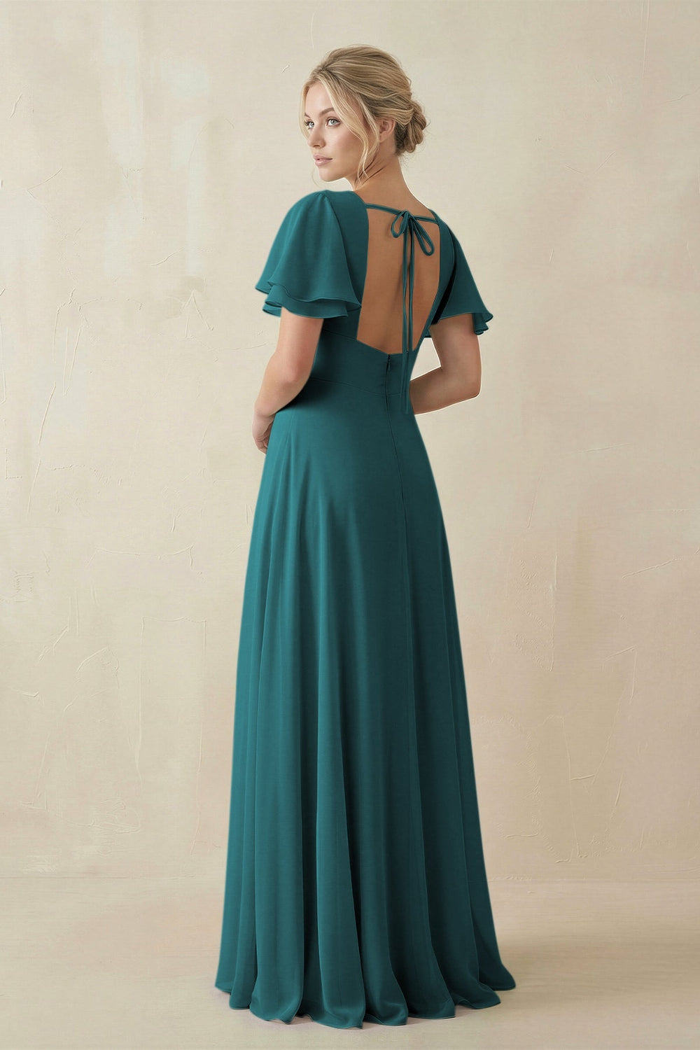 V - Neck Ruffled Short Sleeves A - Line Bridesmaid Dress in Pine - KISS BRIDAL Bridesmaid Dresses