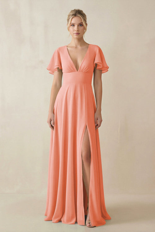 V - Neck Ruffled Short Sleeves A - Line Bridesmaid Dress in Rosette - KISS BRIDAL Bridesmaid Dresses
