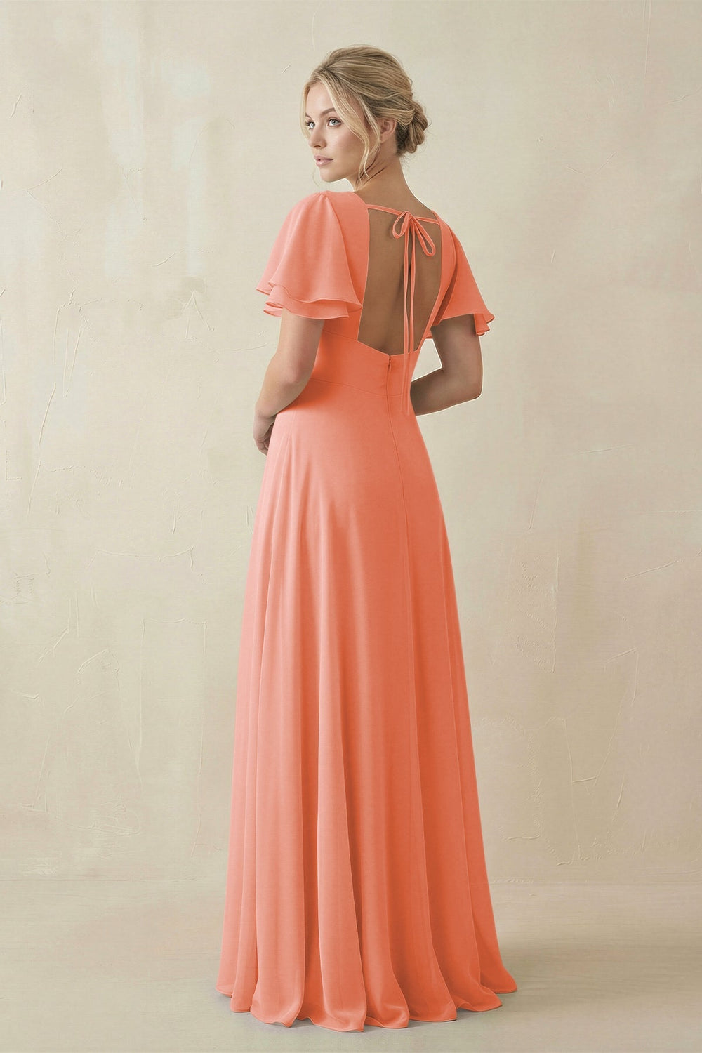 V - Neck Ruffled Short Sleeves A - Line Bridesmaid Dress in Rosette - KISS BRIDAL Bridesmaid Dresses