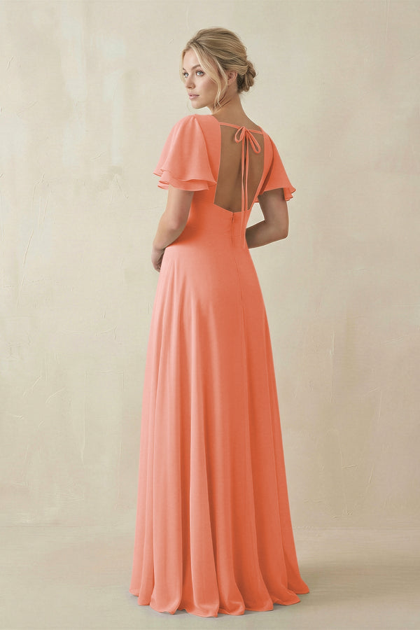 V - Neck Ruffled Short Sleeves A - Line Bridesmaid Dress in Rosette - KISS BRIDAL Bridesmaid Dresses
