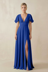 V - Neck Ruffled Short Sleeves A - Line Bridesmaid Dress in Royal Blue - KISS BRIDAL Bridesmaid Dresses