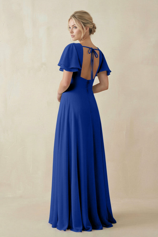 V - Neck Ruffled Short Sleeves A - Line Bridesmaid Dress in Royal Blue - SHE IS ME Bridesmaid Dresses