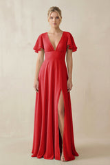 V - Neck Ruffled Short Sleeves A - Line Bridesmaid Dress in Ruby Red - KISS BRIDAL Bridesmaid Dresses