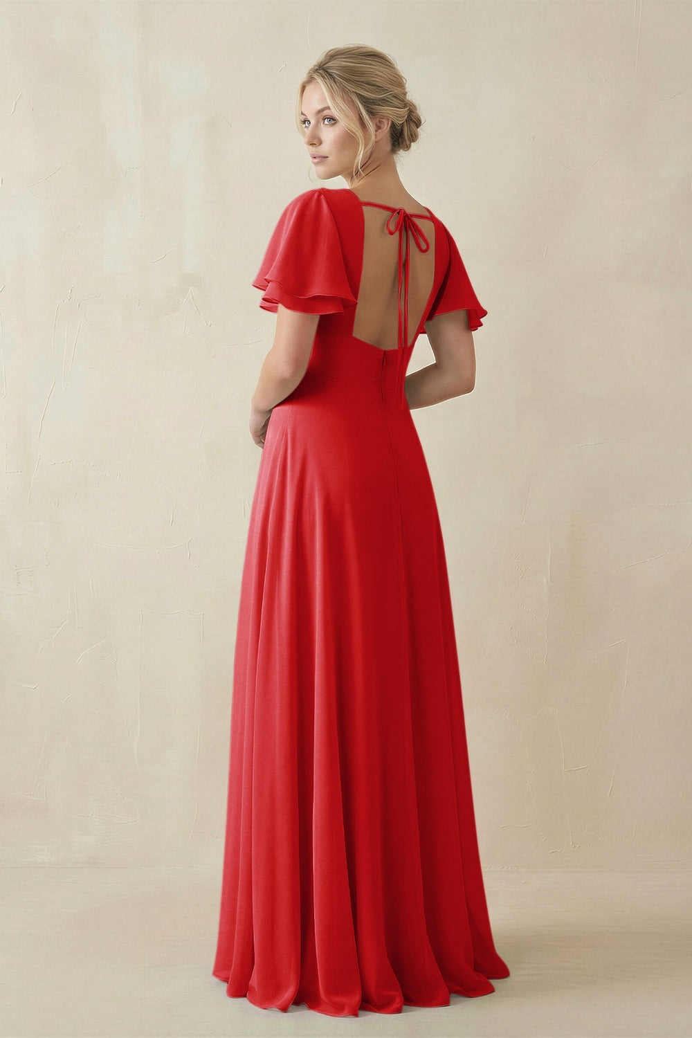 V - Neck Ruffled Short Sleeves A - Line Bridesmaid Dress in Ruby Red - SHE IS ME Bridesmaid Dresses