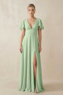 V - Neck Ruffled Short Sleeves A - Line Bridesmaid Dress in Sage - SHE IS ME Bridesmaid Dresses