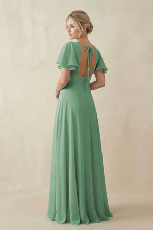 V - Neck Ruffled Short Sleeves A - Line Bridesmaid Dress in Sea Glass - SHE IS ME Bridesmaid Dresses