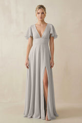 V - Neck Ruffled Short Sleeves A - Line Bridesmaid Dress in Silver - KISS BRIDAL Bridesmaid Dresses