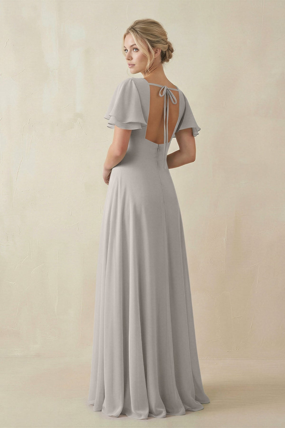 V - Neck Ruffled Short Sleeves A - Line Bridesmaid Dress in Silver - KISS BRIDAL Bridesmaid Dresses