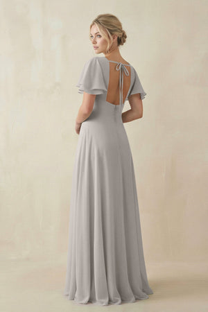 V - Neck Ruffled Short Sleeves A - Line Bridesmaid Dress in Silver - KISS BRIDAL Bridesmaid Dresses