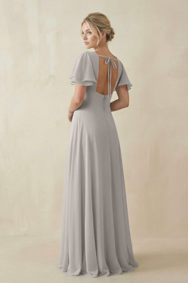 V - Neck Ruffled Short Sleeves A - Line Bridesmaid Dress in Silver - KISS BRIDAL Bridesmaid Dresses