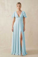 V - Neck Ruffled Short Sleeves A - Line Bridesmaid Dress in Sky Blue - KISS BRIDAL Bridesmaid Dresses