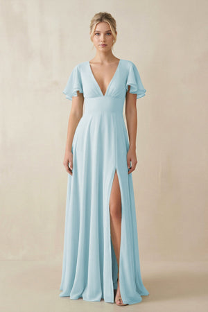 V - Neck Ruffled Short Sleeves A - Line Bridesmaid Dress in Sky Blue - KISS BRIDAL Bridesmaid Dresses