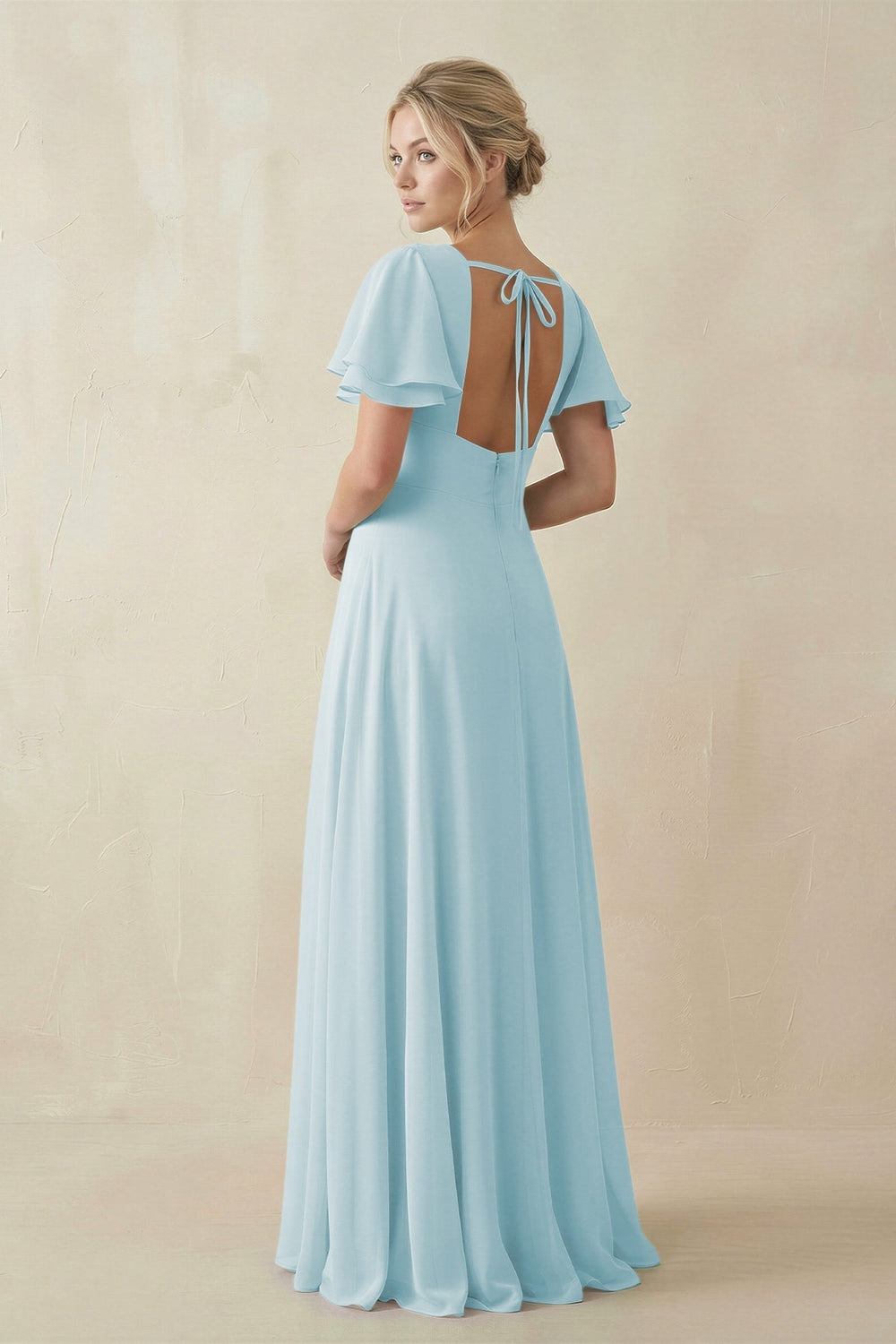 V - Neck Ruffled Short Sleeves A - Line Bridesmaid Dress in Sky Blue - KISS BRIDAL Bridesmaid Dresses