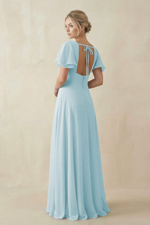 V - Neck Ruffled Short Sleeves A - Line Bridesmaid Dress in Sky Blue - KISS BRIDAL Bridesmaid Dresses