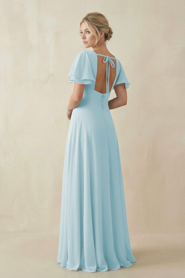 V - Neck Ruffled Short Sleeves A - Line Bridesmaid Dress in Sky Blue - KISS BRIDAL Bridesmaid Dresses