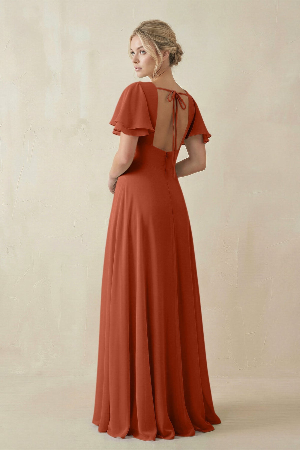 V - Neck Ruffled Short Sleeves A - Line Bridesmaid Dress in Spice - KISS BRIDAL Bridesmaid Dresses