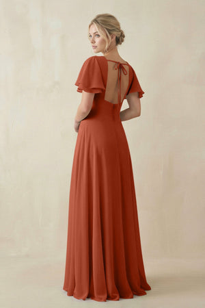 V - Neck Ruffled Short Sleeves A - Line Bridesmaid Dress in Spice - KISS BRIDAL Bridesmaid Dresses
