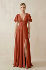 V - Neck Ruffled Short Sleeves A - Line Bridesmaid Dress in Spice - KISS BRIDAL Bridesmaid Dresses