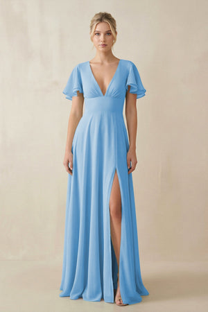 V - Neck Ruffled Short Sleeves A - Line Bridesmaid Dress in Steel Blue - KISS BRIDAL Bridesmaid Dresses