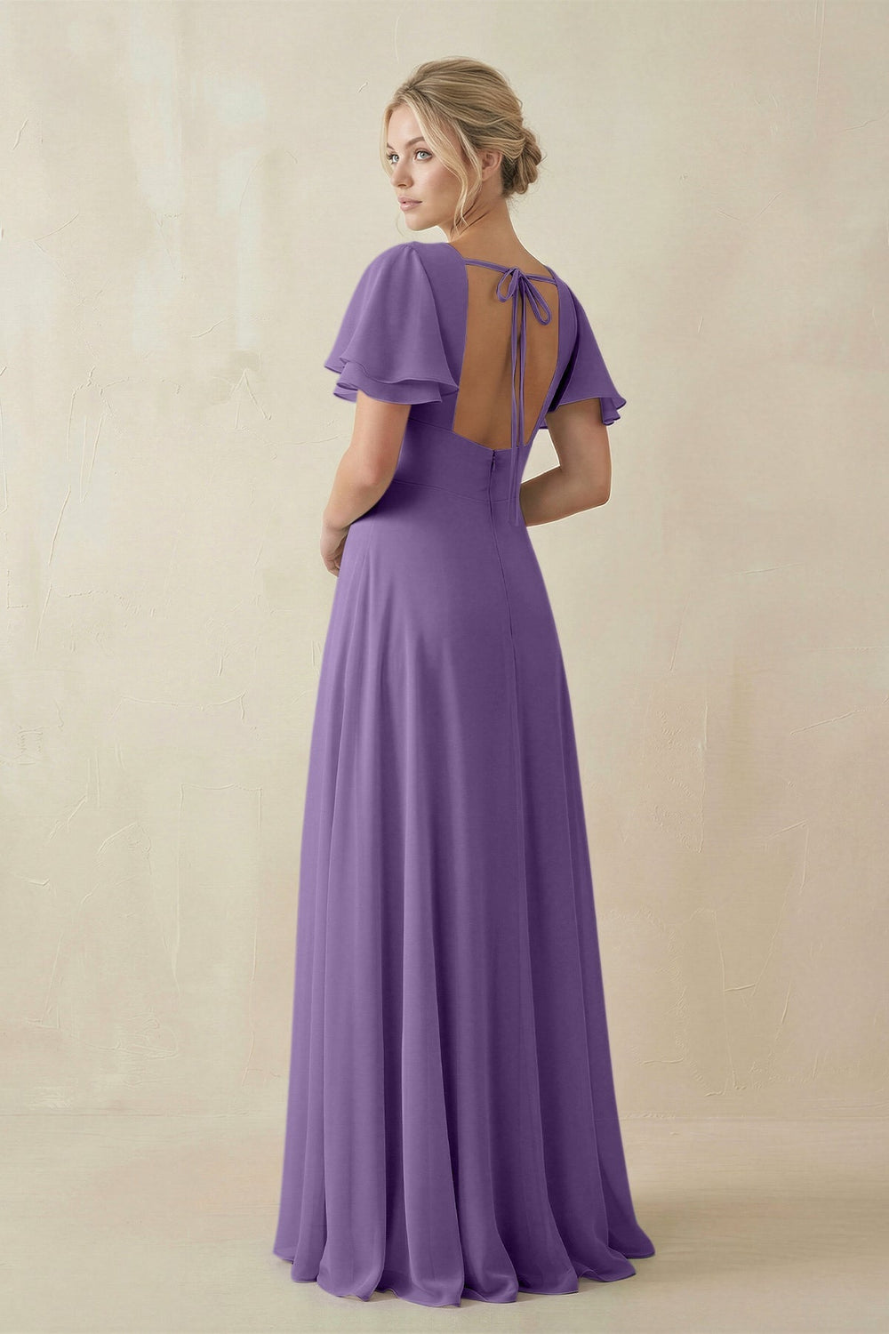 V - Neck Ruffled Short Sleeves A - Line Bridesmaid Dress in Tahiti - KISS BRIDAL Bridesmaid Dresses