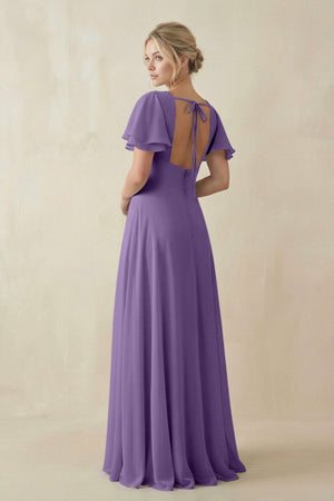 V - Neck Ruffled Short Sleeves A - Line Bridesmaid Dress in Tahiti - KISS BRIDAL Bridesmaid Dresses