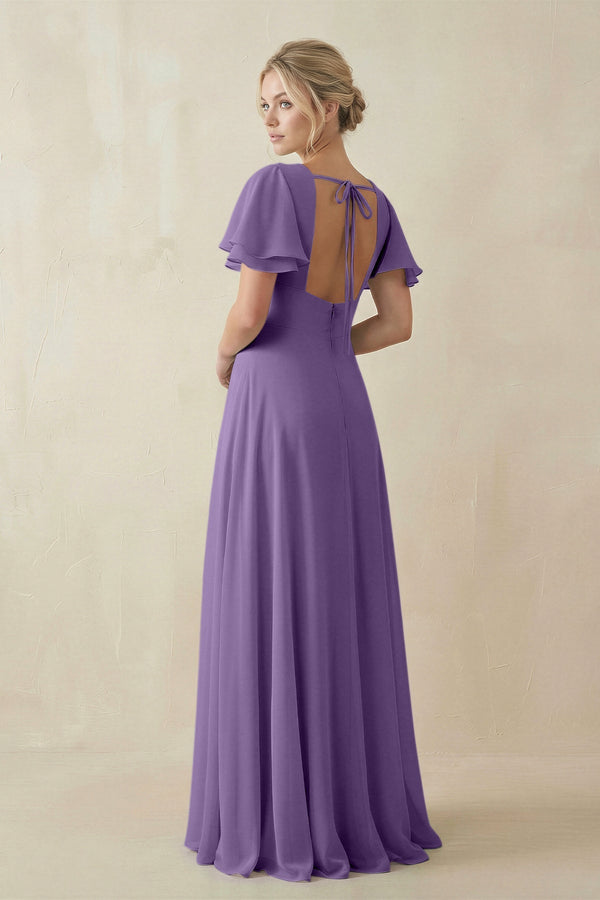 V - Neck Ruffled Short Sleeves A - Line Bridesmaid Dress in Tahiti - KISS BRIDAL Bridesmaid Dresses