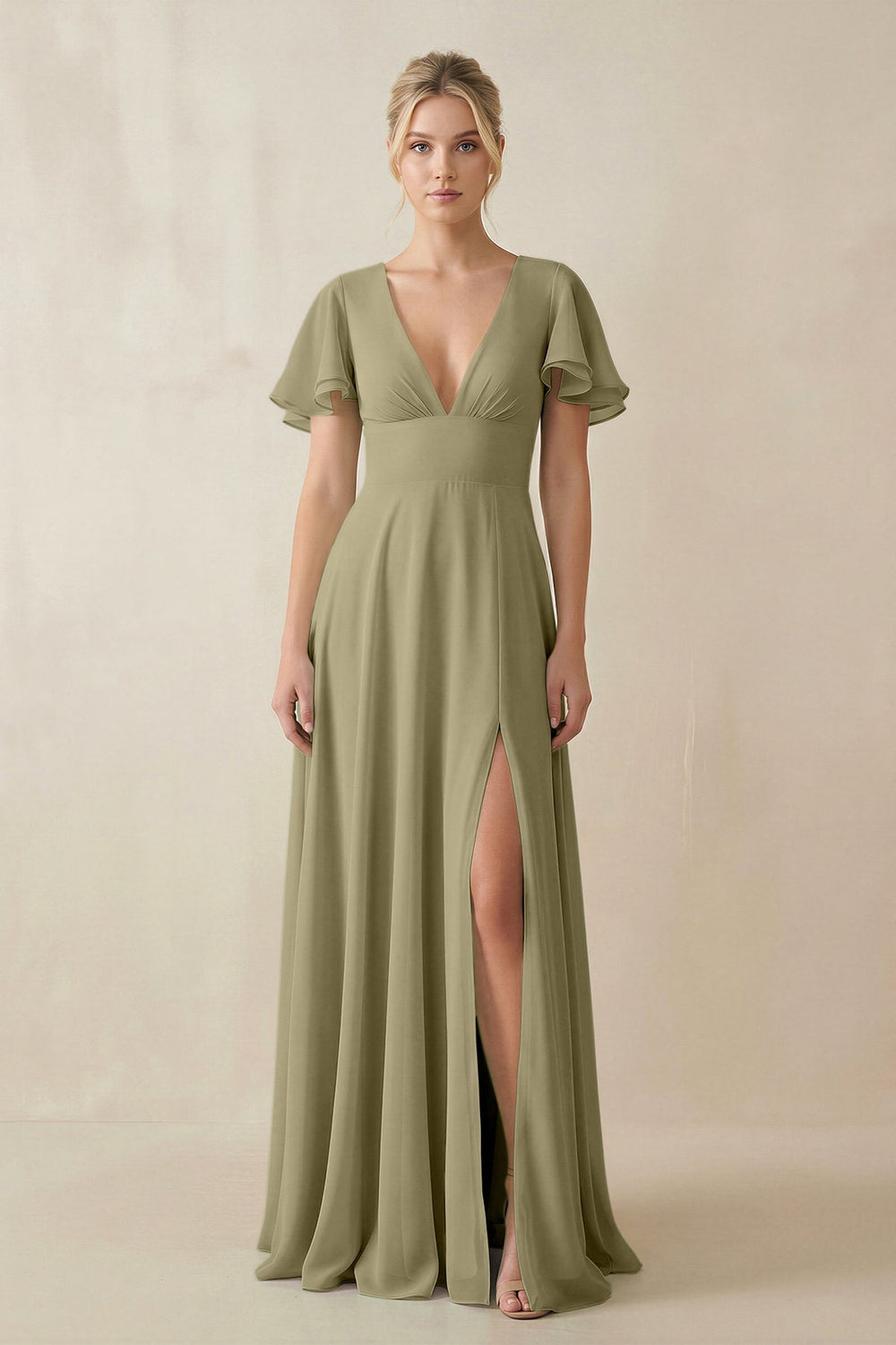 V - Neck Ruffled Short Sleeves A - Line Bridesmaid Dress in Thyme - SHE IS ME Bridesmaid Dresses