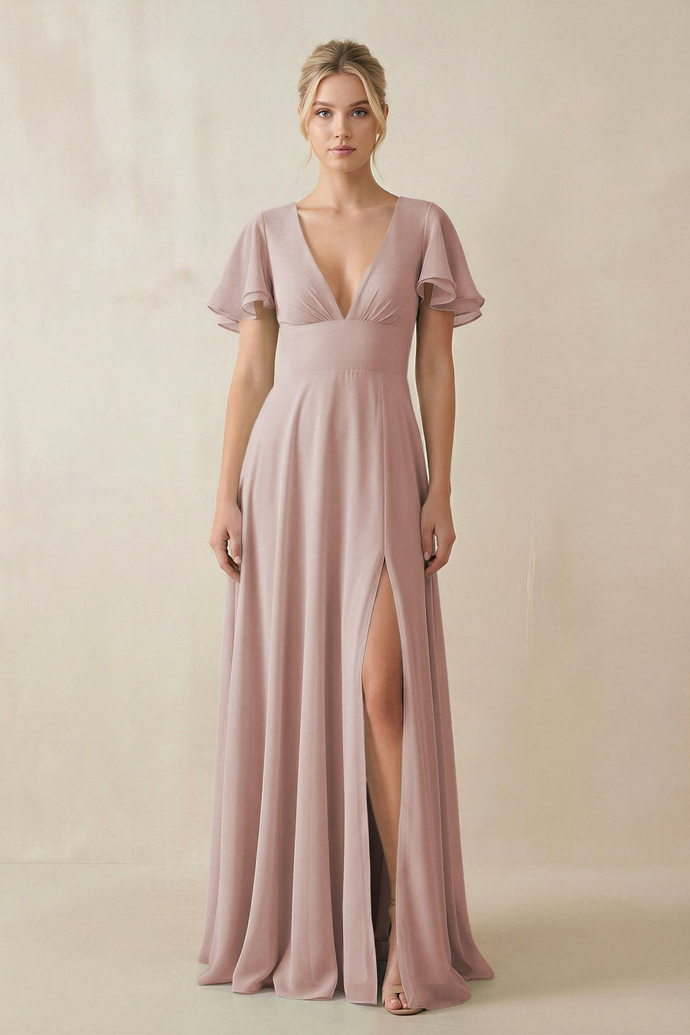 V - Neck Ruffled Short Sleeves A - Line Bridesmaid Dress in Toffee - KISS BRIDAL Bridesmaid Dresses